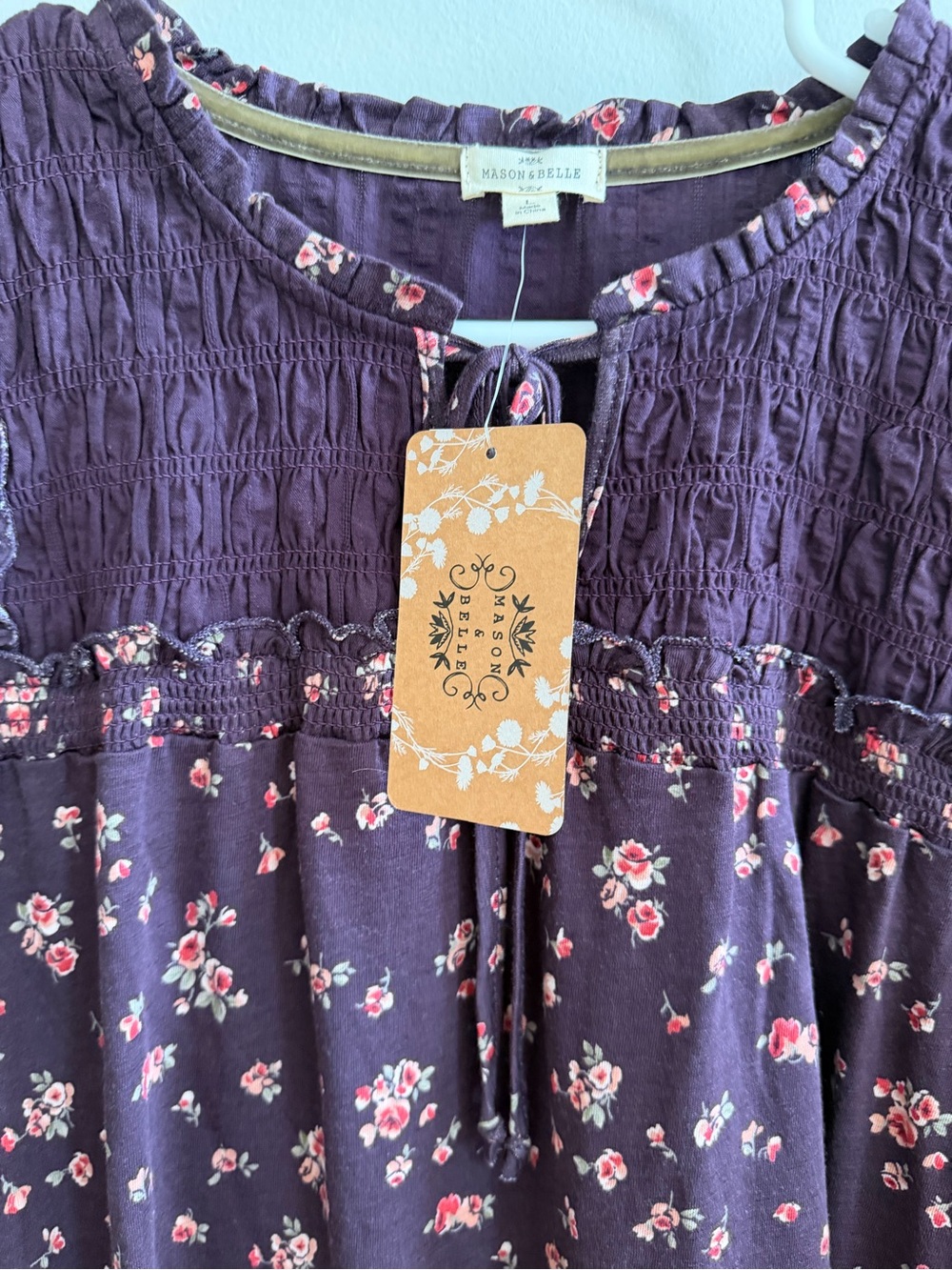 Mason & Belle Women’s Blouse Size L Purple Floral Smocked Boho Long Sleeve Top - Picture 3 of 5